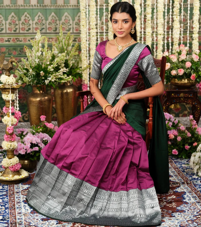Wine-colored Banarasi silk Half Saree with dark green and silver jari work