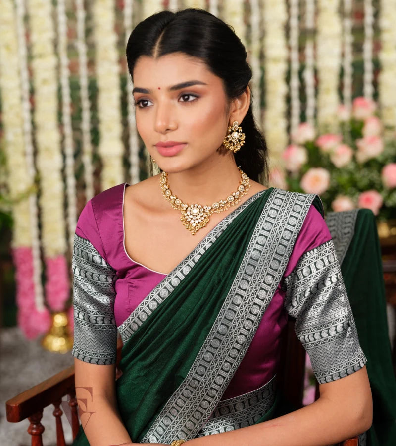 Wine-colored Banarasi silk Half Saree with dark green and silver jari work