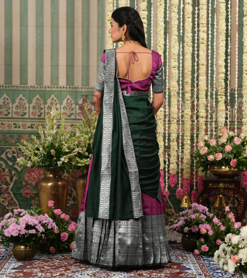 Wine-colored Banarasi silk Half Saree with dark green and silver jari work