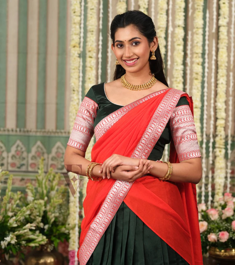 Dark green Banarasi silk Half Saree with intricate orange jari work