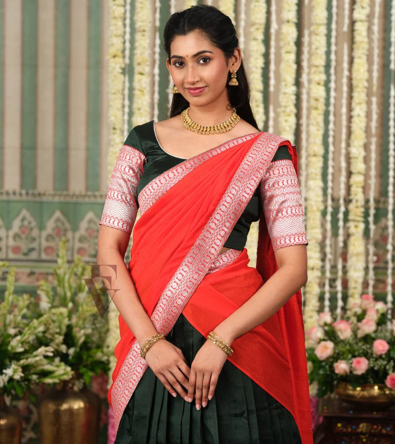 Dark green Banarasi silk Half Saree with intricate orange jari work