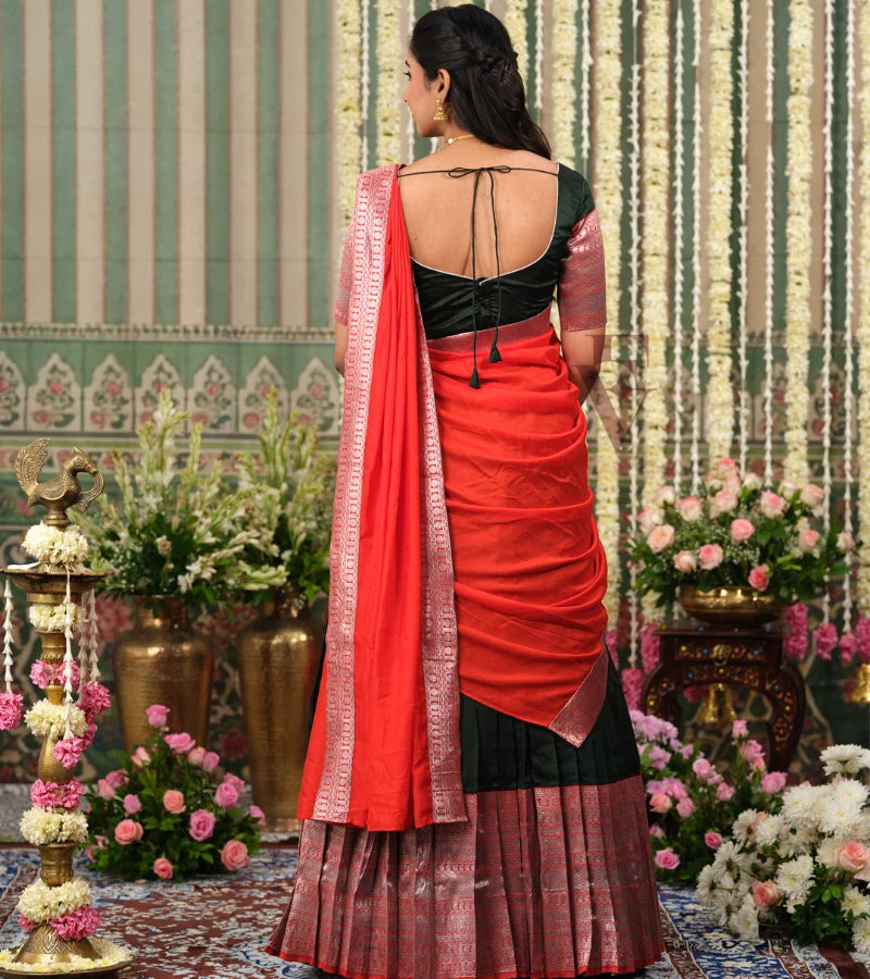 Dark green Banarasi silk Half Saree with intricate orange jari work