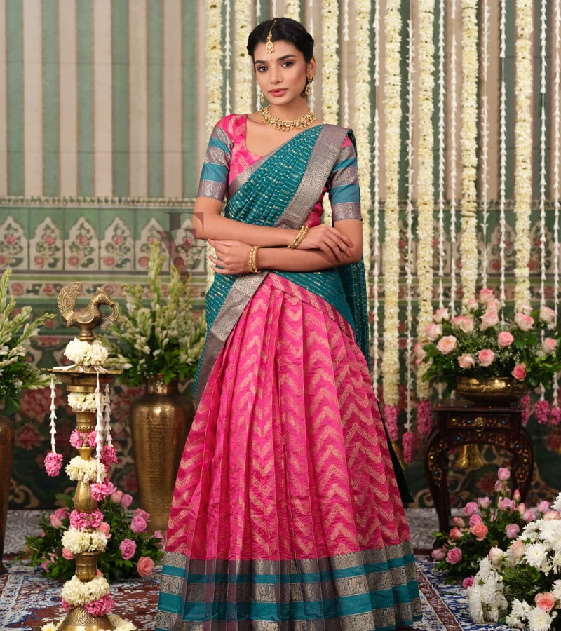 A beautiful pink and rama green silk cotton outfit that looks rich and elegant