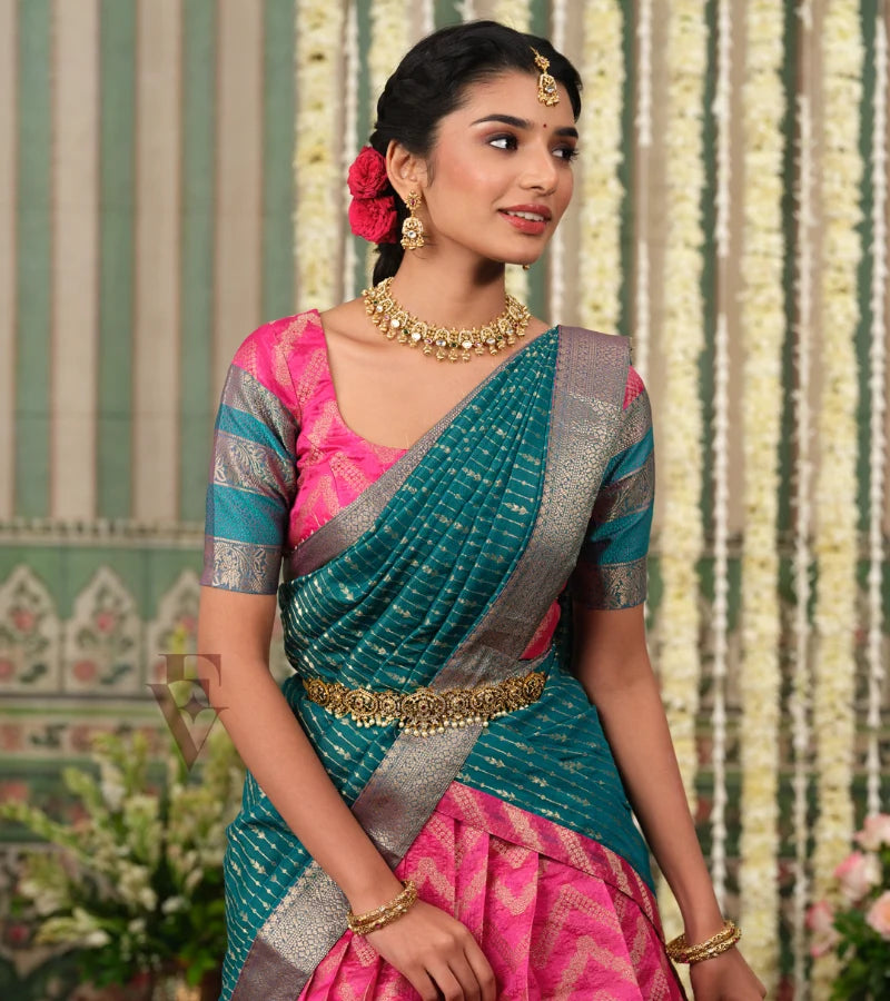 A beautiful pink and rama green silk cotton outfit that looks rich and elegant