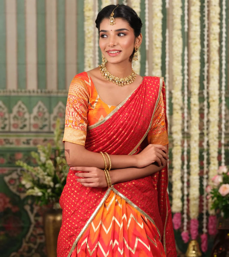 Red and orange Banarasi silk half saree with intricate woven detailing