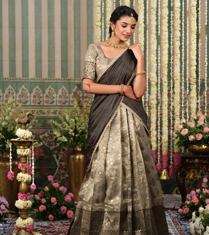 luxurious golden and dark grey Tissue Banarasi outfit