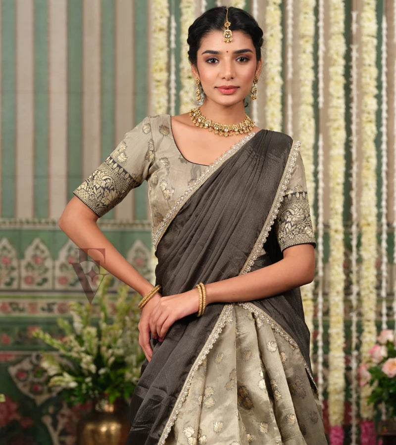luxurious golden and dark grey Tissue Banarasi outfit
