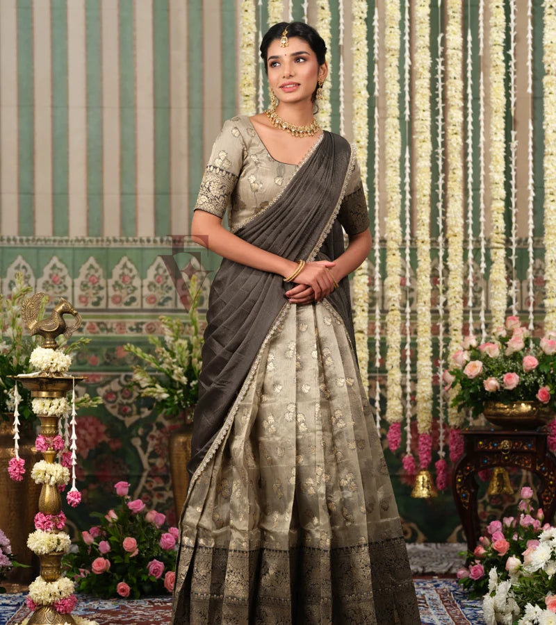 luxurious golden and dark grey Tissue Banarasi outfit