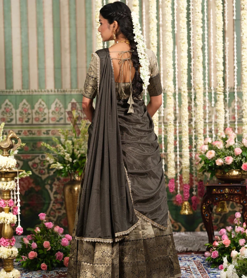 luxurious golden and dark grey Tissue Banarasi outfit