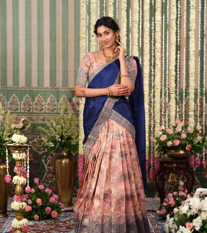delicate and stunning powder pink and dark blue Tissue Banarasi