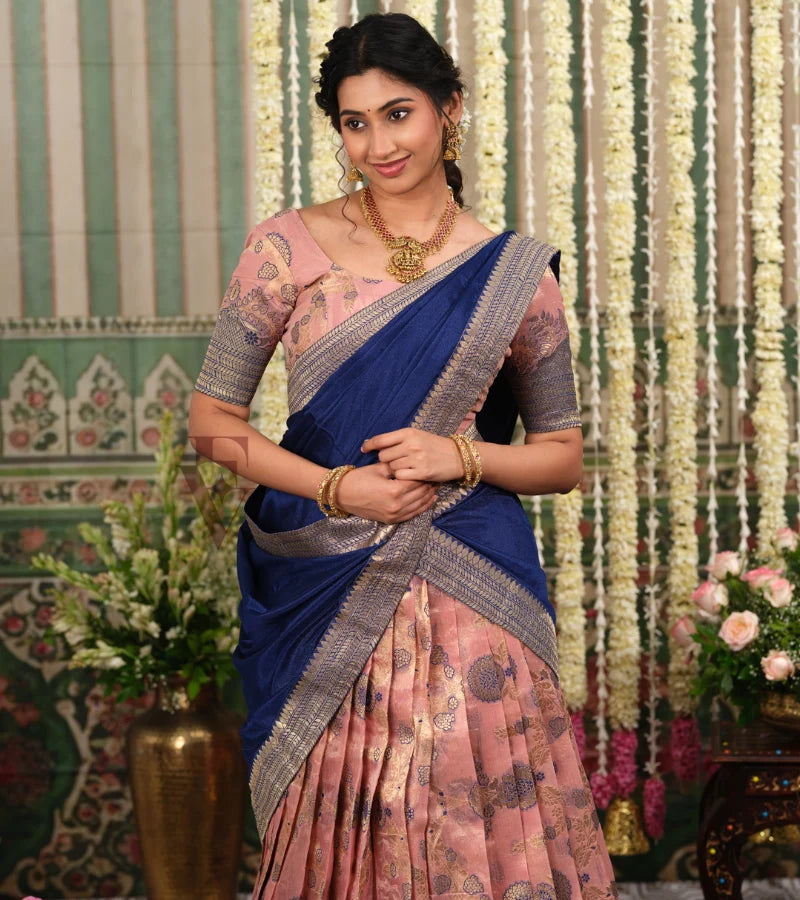 delicate and stunning powder pink and dark blue Tissue Banarasi