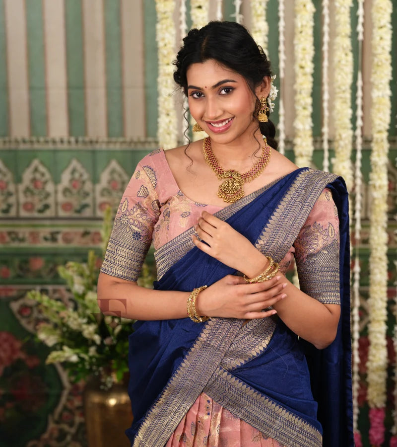 delicate and stunning powder pink and dark blue Tissue Banarasi