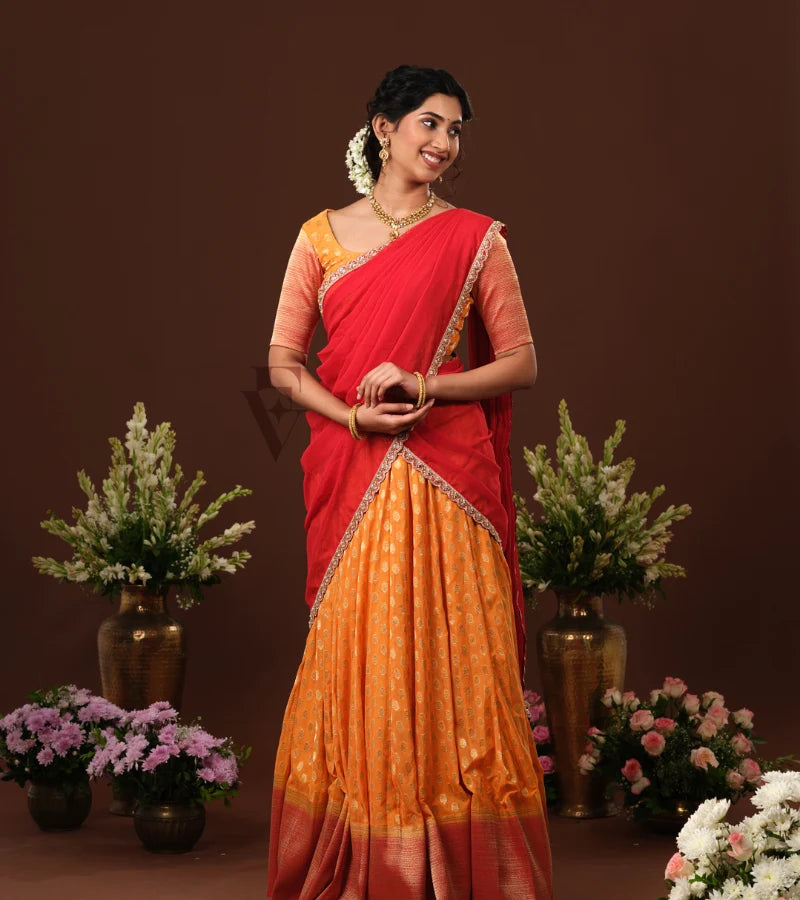 vibrant orange and red Banarasi Georgette outfit