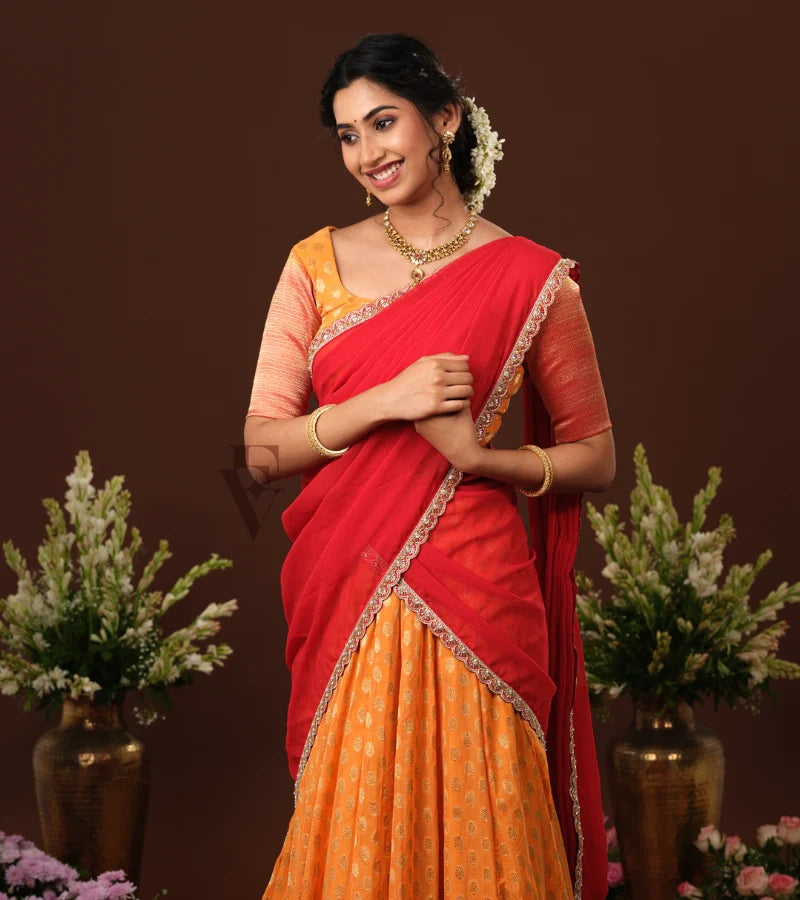 vibrant orange and red Banarasi Georgette outfit