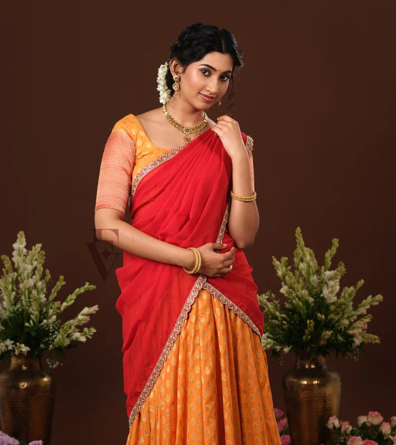 vibrant orange and red Banarasi Georgette outfit