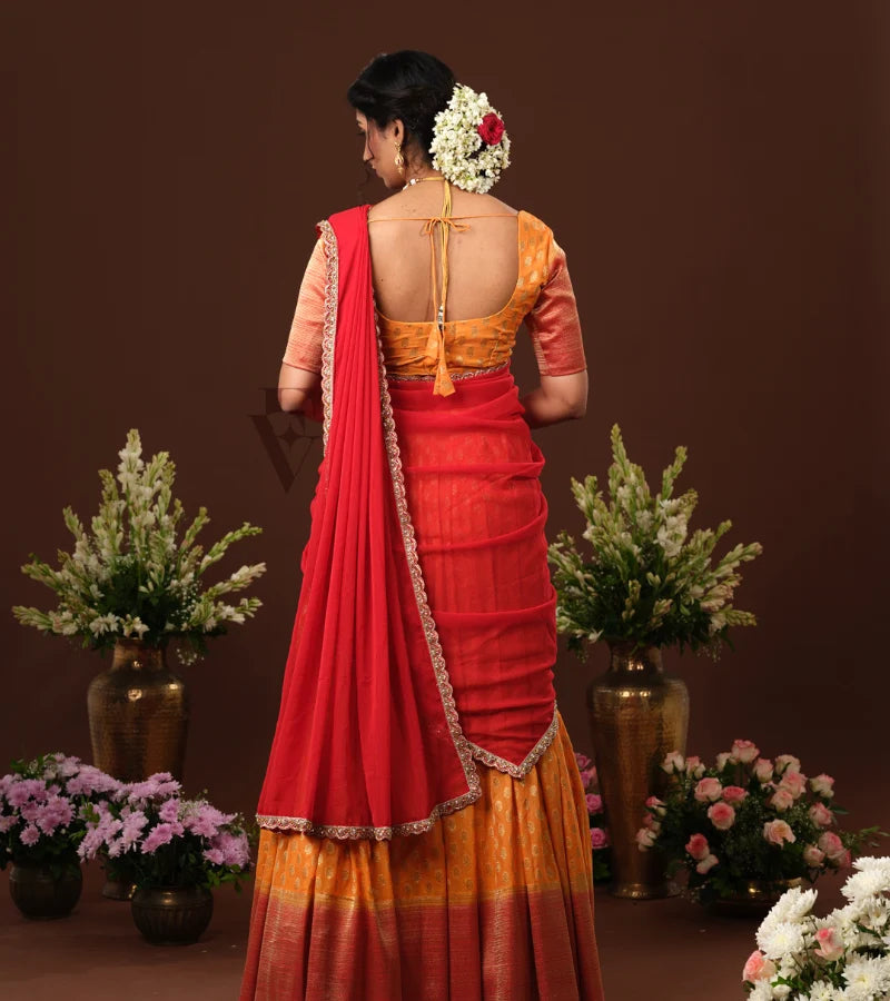 vibrant orange and red Banarasi Georgette outfit