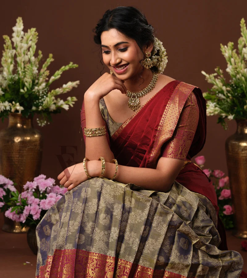 stunning bluish-green and maroon Kora Tissue silk