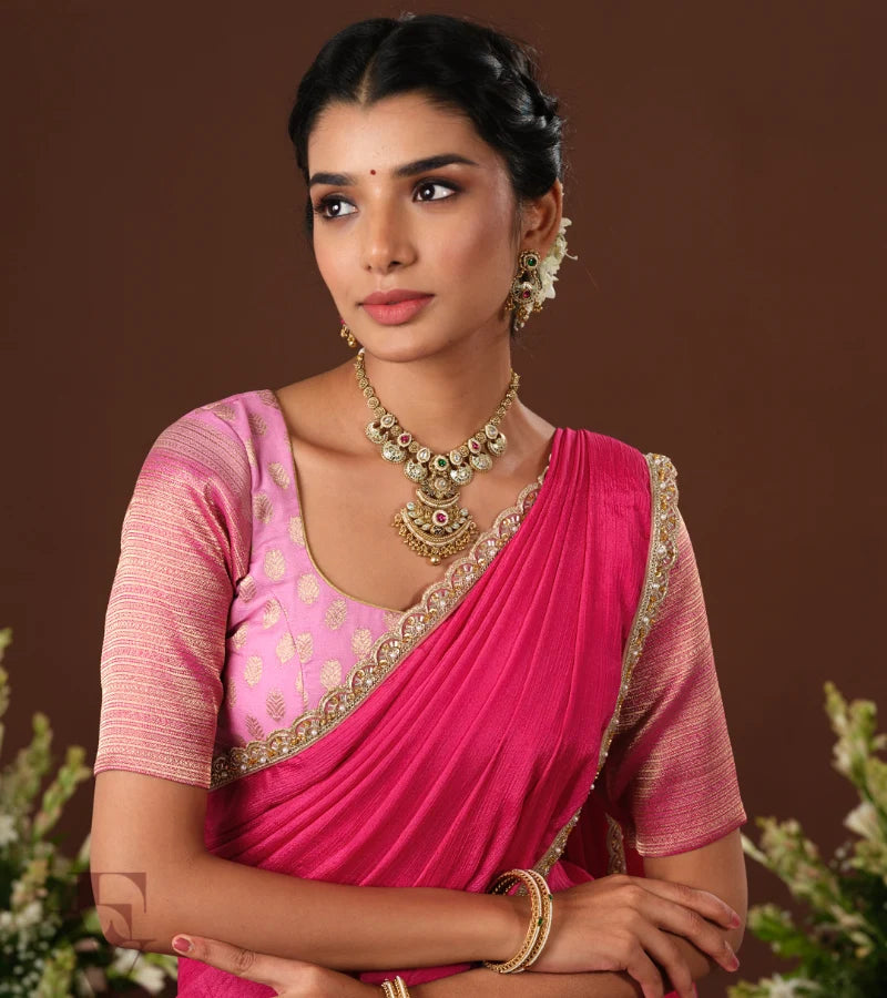 soft and elegant light pink and dark pink Banarasi Georgette outfit