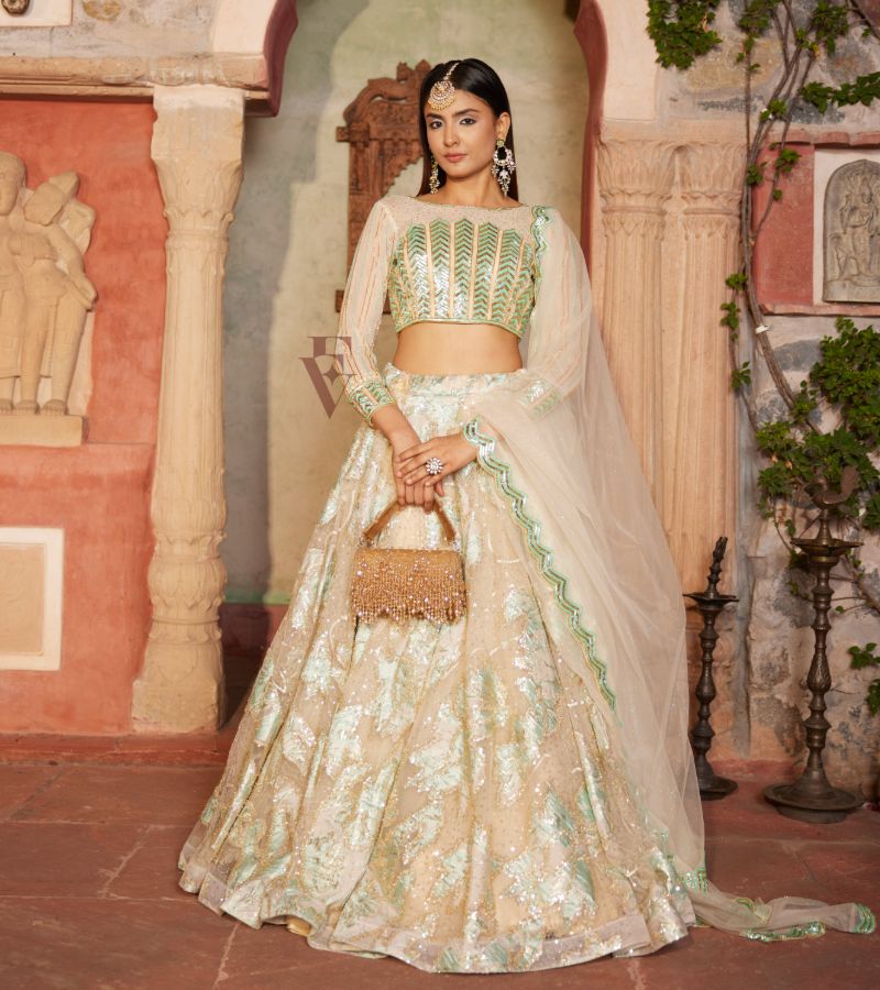 Cream & Sea-green Lehenga
