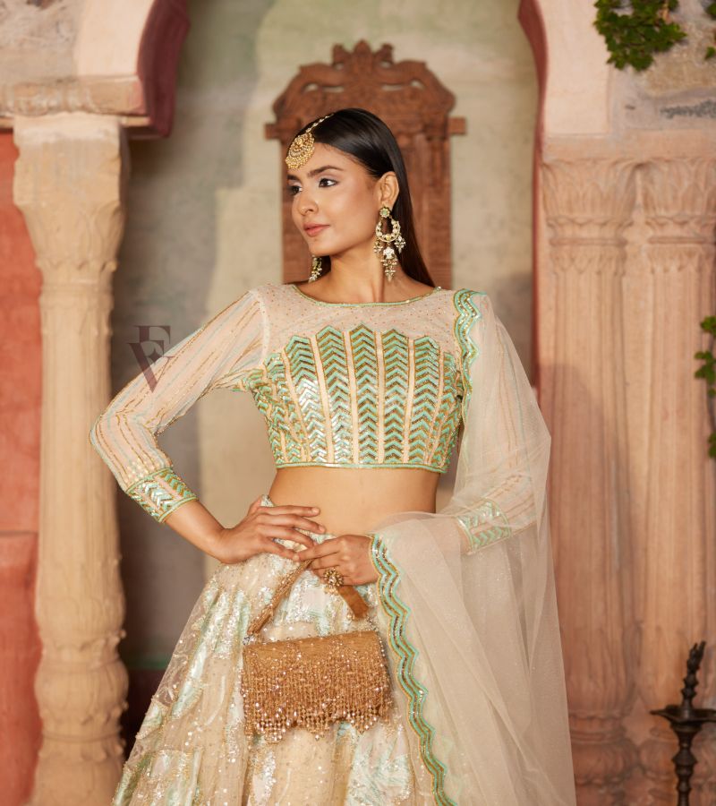 Cream & Sea-green Lehenga