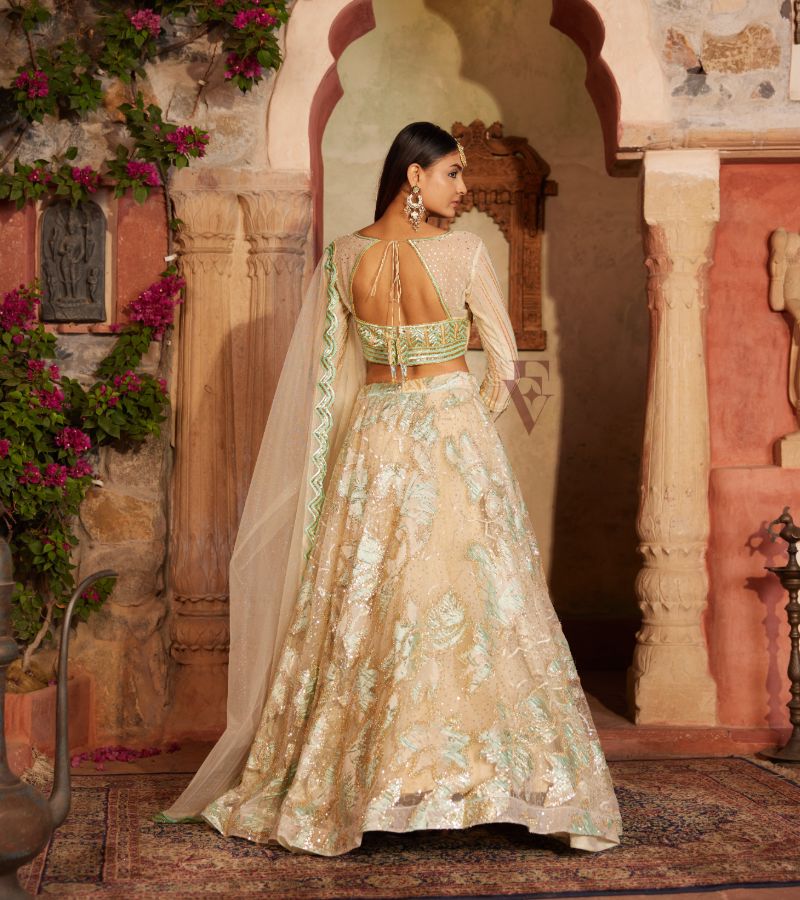 Cream & Sea-green Lehenga