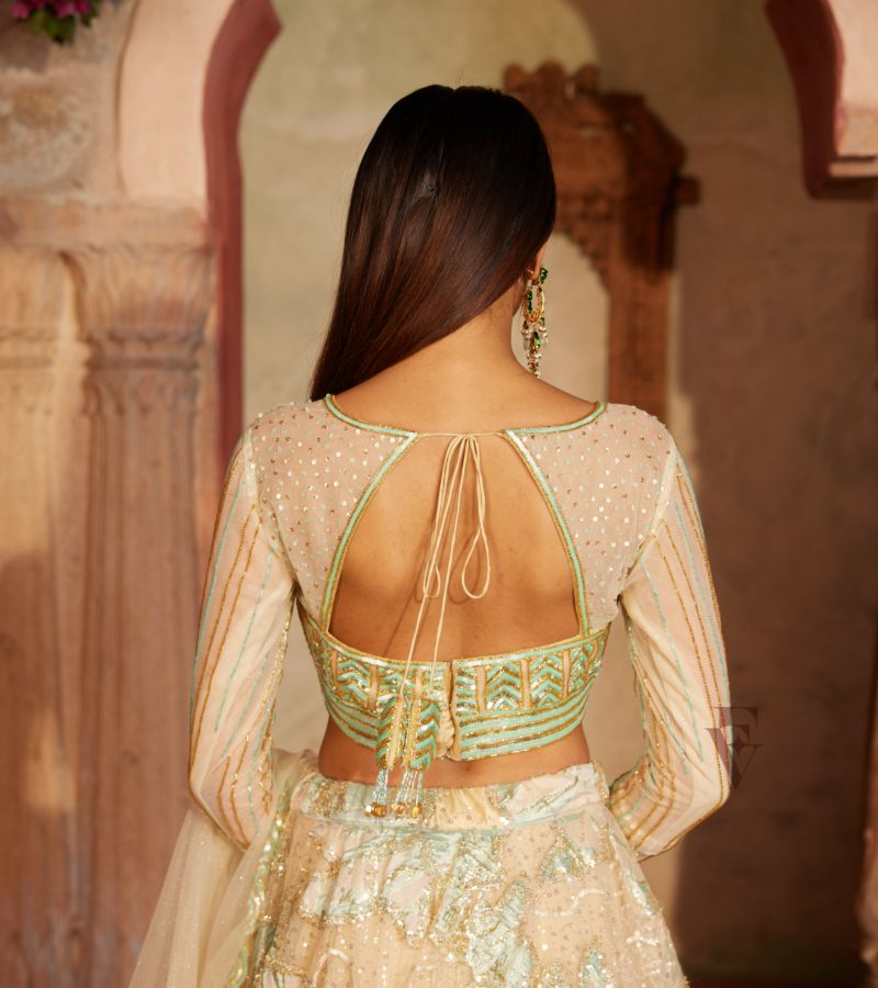 Cream & Sea-green Lehenga