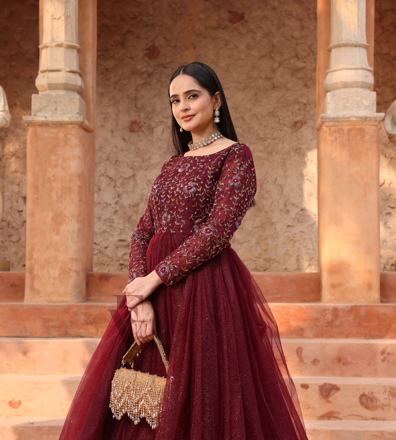 Wine-colored Flared Gown