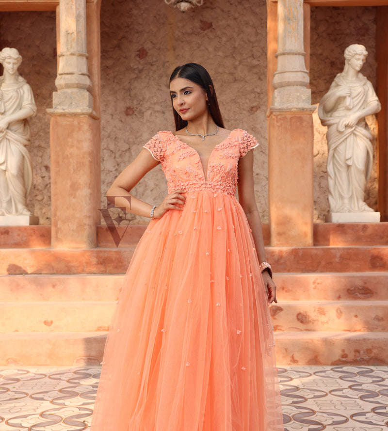 Coral Orange Flared Gown