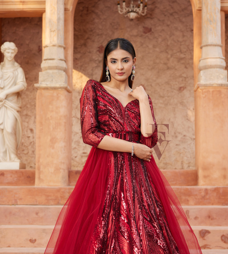 Maroon Flared Gown made from Premium Net Fabric
