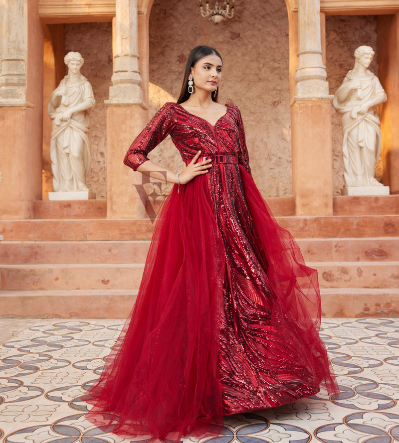 Maroon Flared Gown made from Premium Net Fabric Evarrah - Crafting Textiles, Creating Style Maroon Flared Gown made from Premium Net Fabric Evarrah - Crafting Textiles, Creating Style