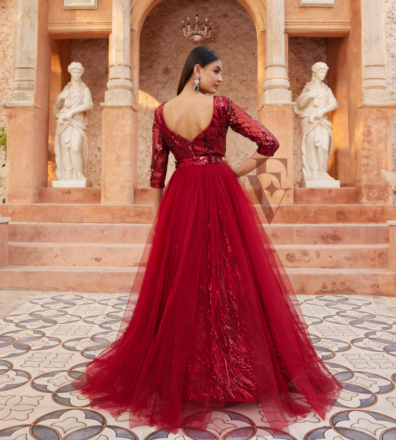 Maroon Flared Gown made from Premium Net Fabric Evarrah - Crafting Textiles, Creating Style Maroon Flared Gown made from Premium Net Fabric Evarrah - Crafting Textiles, Creating Style
