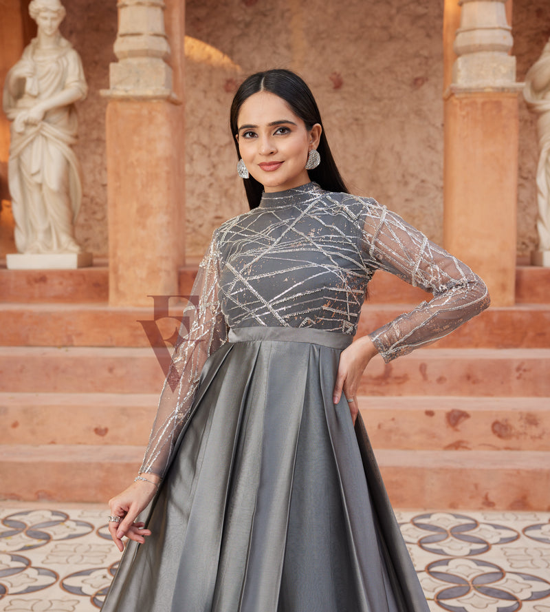Grey Pleated Flared Gown