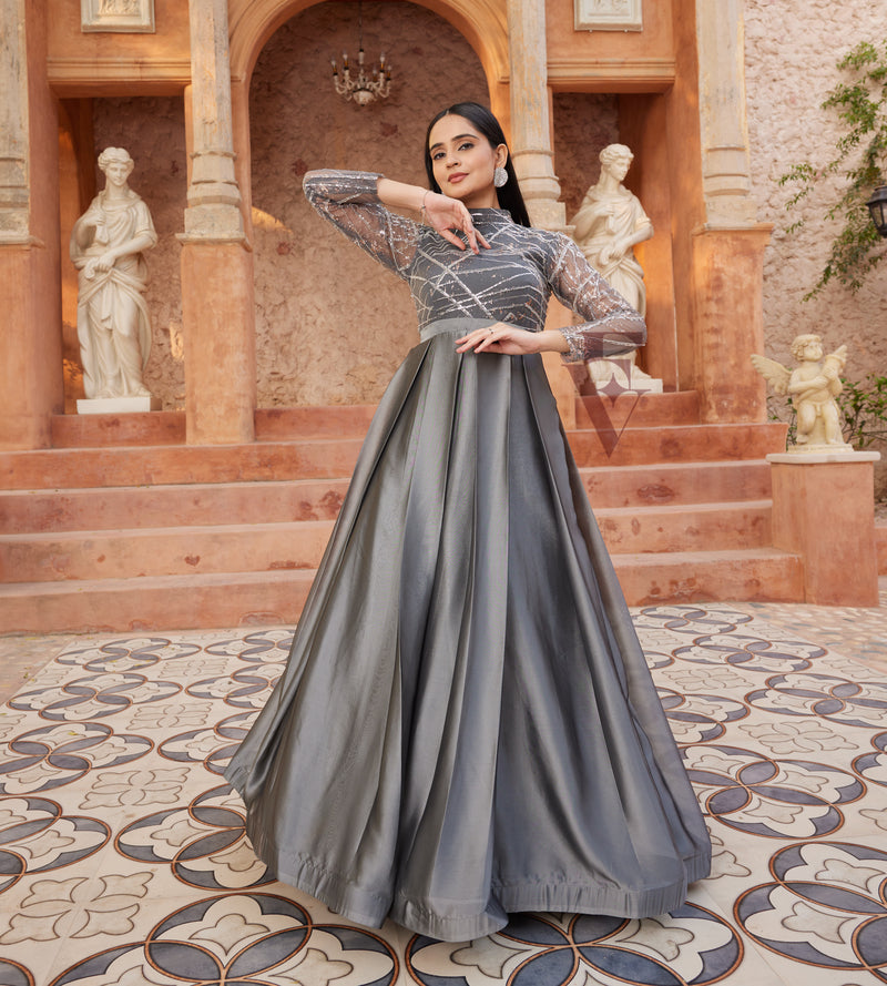 Grey Pleated Flared Gown