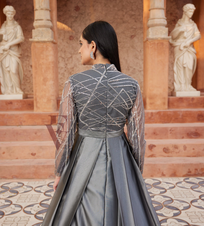 Grey Pleated Flared Gown