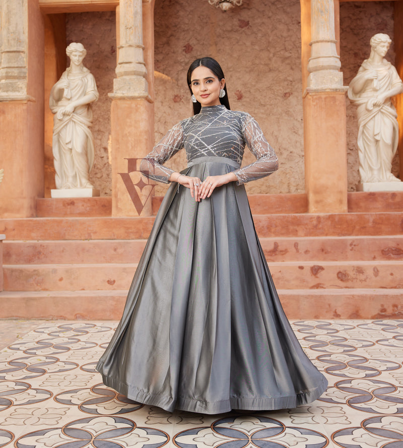 Grey Pleated Flared Gown