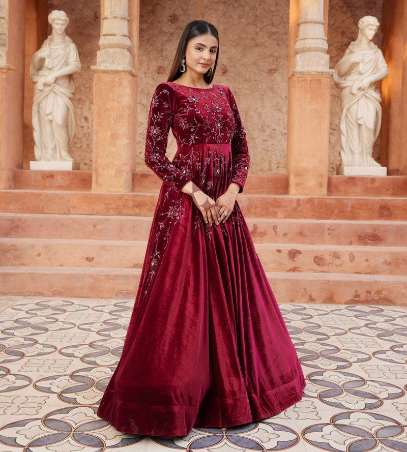 Maroon Flared Gown Crafted From Luxurious Premium Velvet
