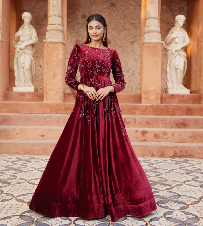 Maroon Flared Gown Crafted From Luxurious Premium Velvet Evarrah - Crafting Textiles, Creating Style Maroon Flared Gown Crafted From Luxurious Premium Velvet Evarrah - Crafting Textiles, Creating Style