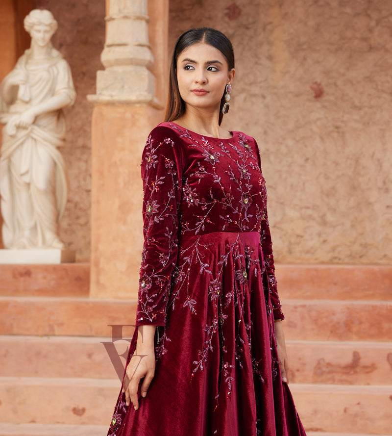 Maroon Flared Gown Crafted From Luxurious Premium Velvet