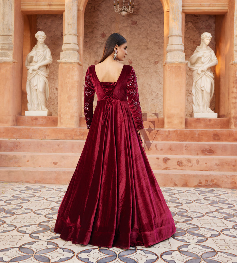 Maroon Flared Gown Crafted From Luxurious Premium Velvet