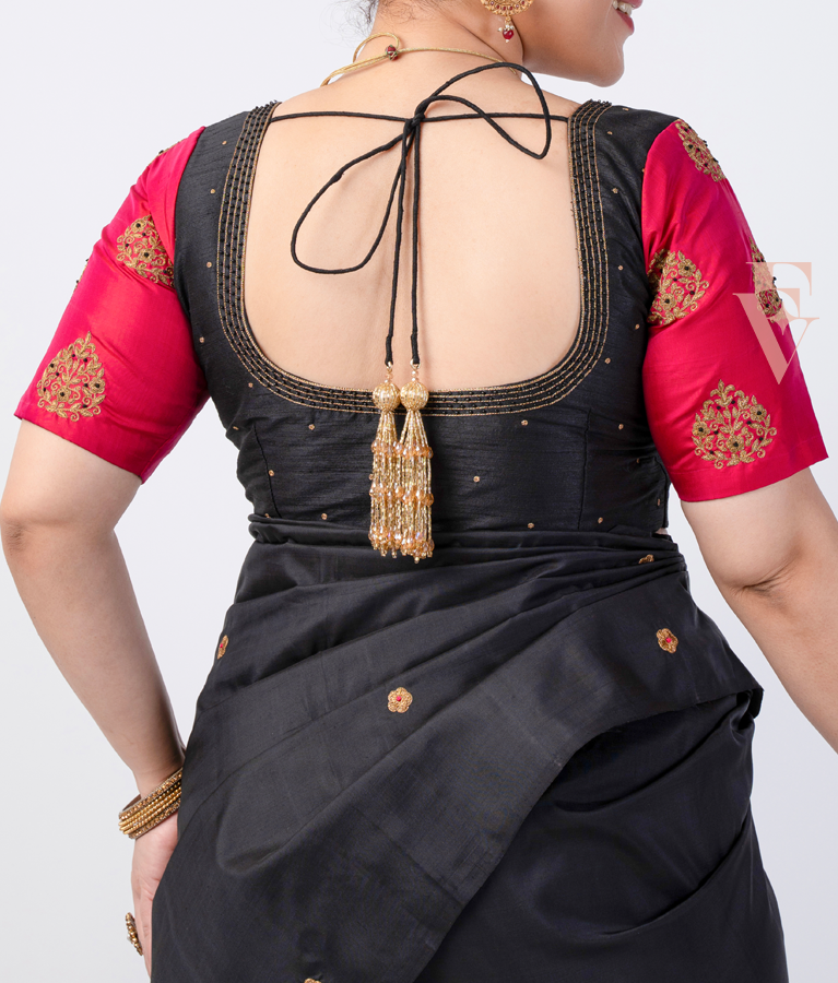 classic black and pink blouse crafted from raw silk