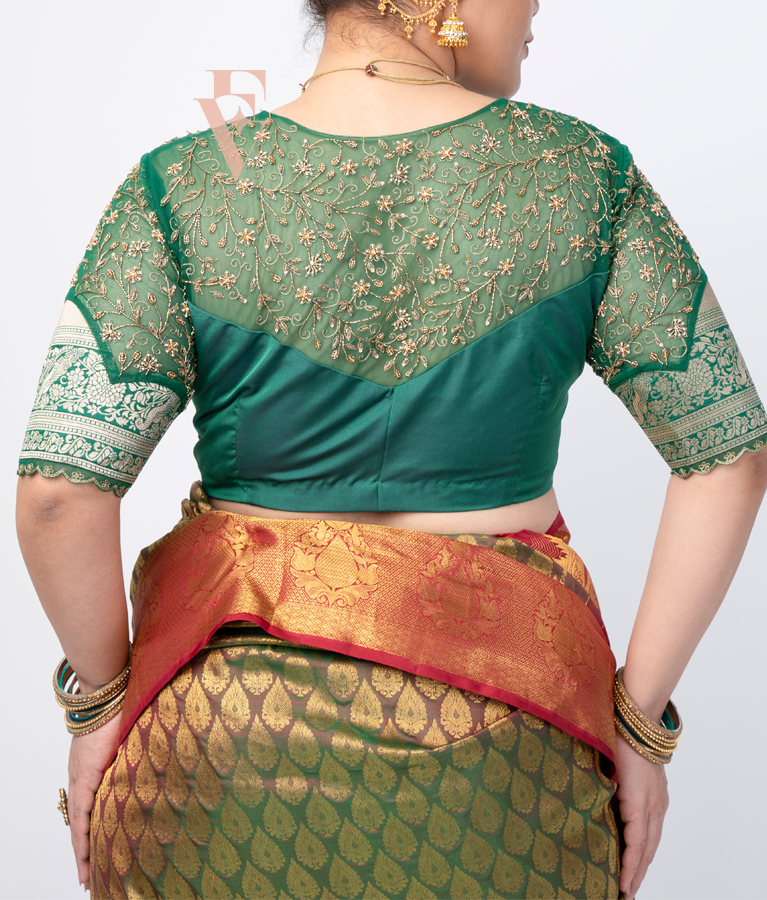 A green silk cotton with net blouse
