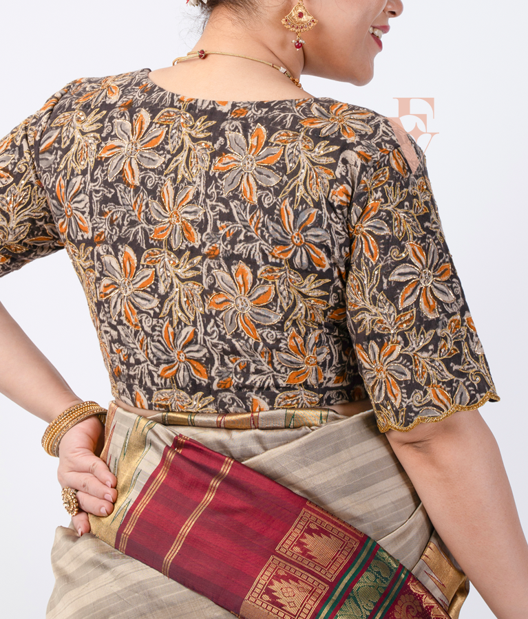 black block printed cotton blouse designed in a princess-cut style
