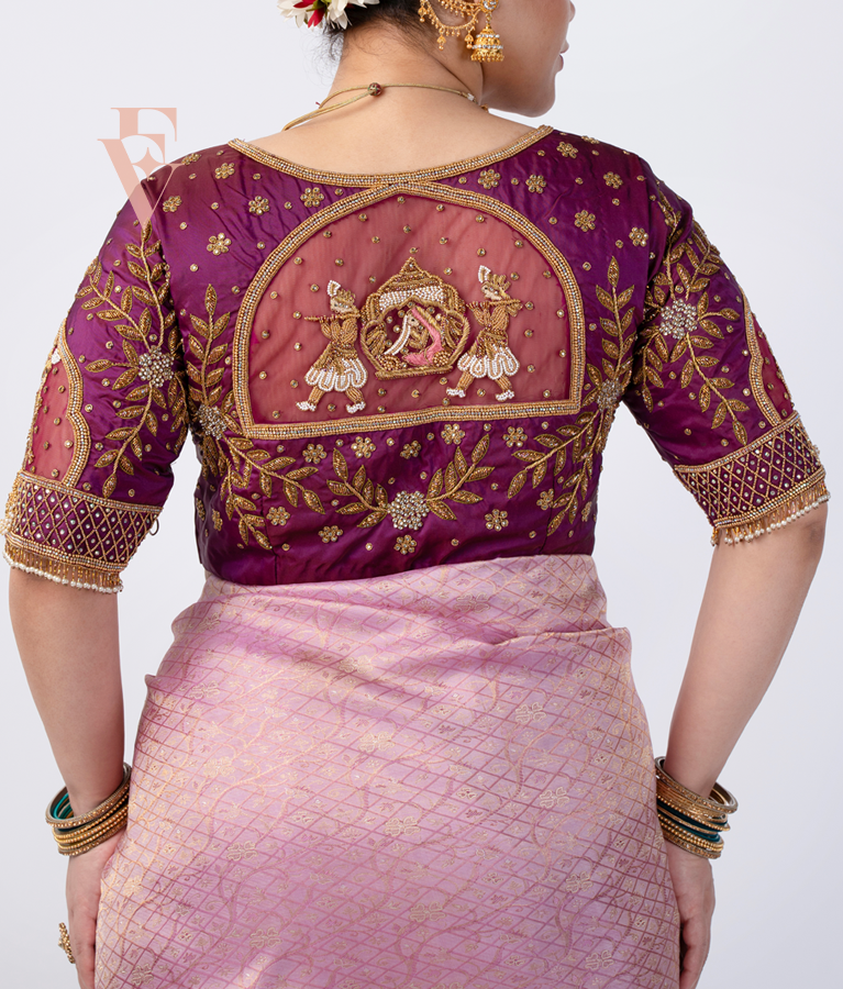 Deep Purple Silk Cotton with Net Blouse