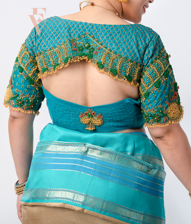 Rama Blue Silk Cotton with Net Blouse