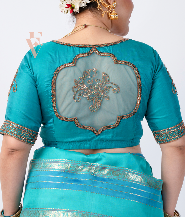 A blue silk cotton net blouse