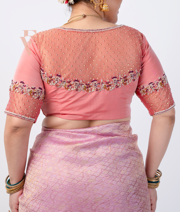 Salomen Pink Silk Cotton with Net Blouse