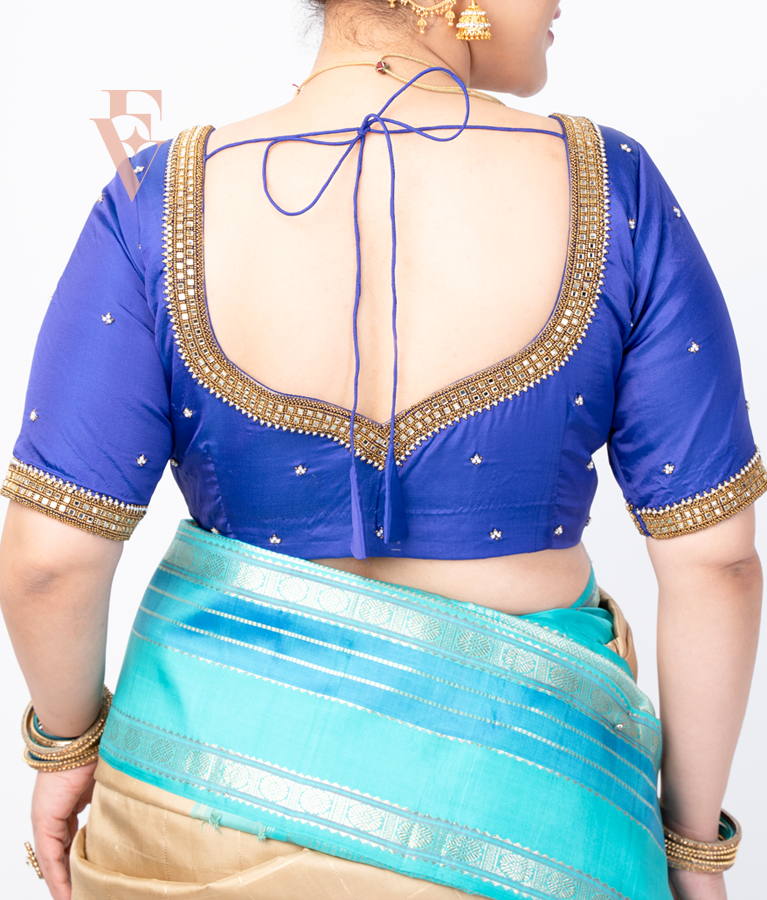 blue silk cotton blouse designed in a princess style