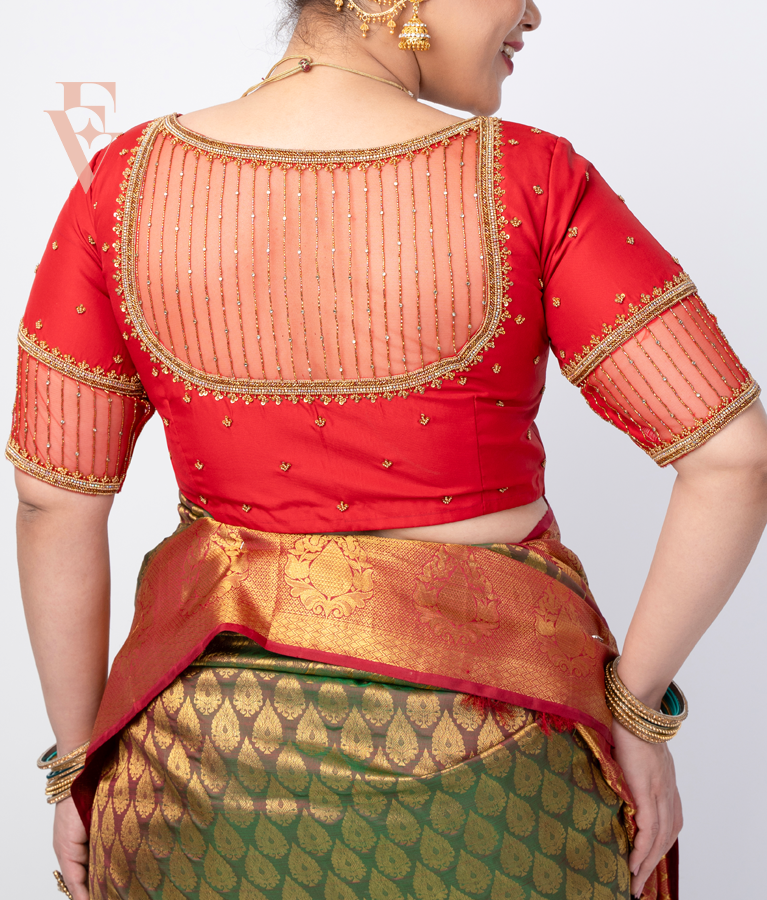 A red silk cotton net blouse designed