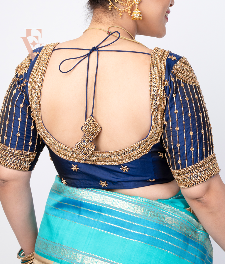 dark blue silk cotton blouse designed in a princess-cut style