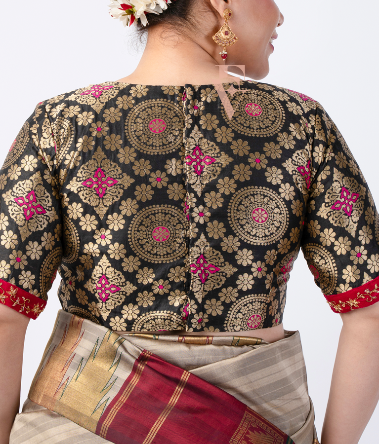black Banarasi silk blouse crafted with raw silk and velvet